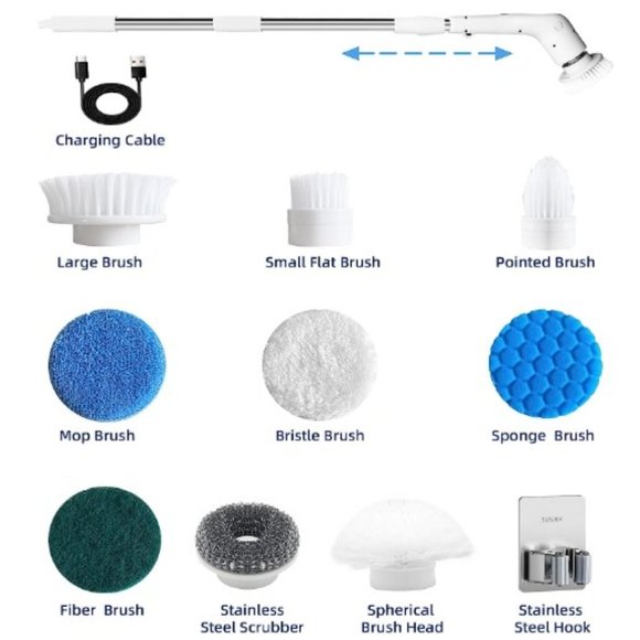 Cordless LED Electric Spin Scrubber/ Voice Prompt/ 3 Speeds/ Extension Arm/ IPX7 - Picture 7 of 12